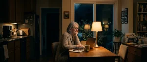 An older adult sits at a kitchen table late at night, laptop open, soft lamp light, a cup of tea beside them, a window showing darkness outside, a thoughtful rather than anxious expres