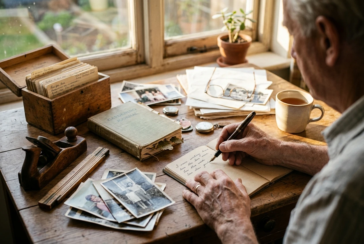A retiree's hands writing notes at a tidy desk surrounded by small tokens of a lifetime of experience: a woodworking tool, a gardening journal, old photographs, a recipe box, warm afternoon light through a window.