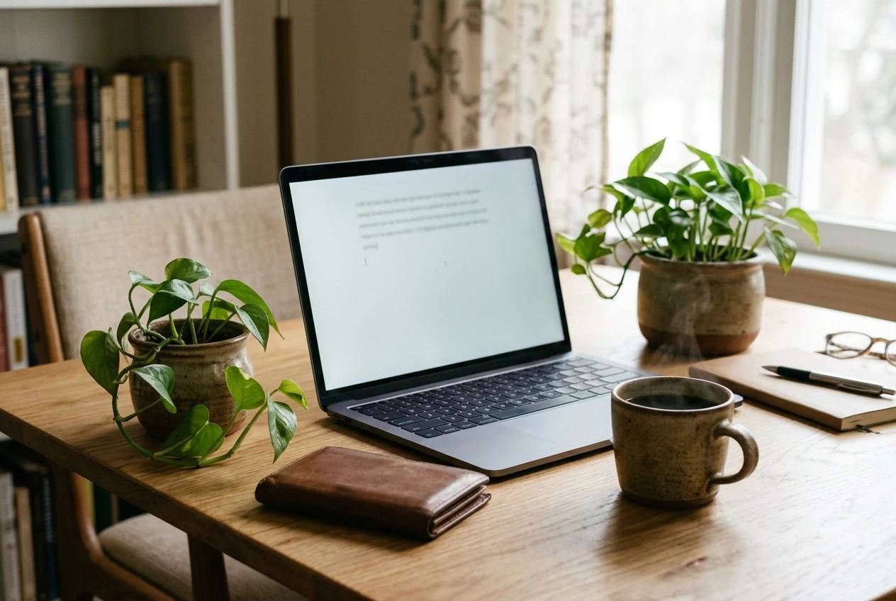 A calm home office scene with a laptop open to a simple writing screen, a closed empty wallet set aside on the table, a houseplant and a mug of coffee, conveying no financial risk and quiet exploration.
