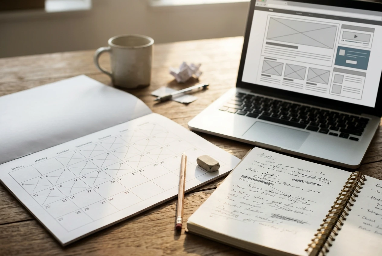 A desk calendar with the first thirty days marked off in pencil, next to a notebook with a few handwritten draft pages and a laptop showing a simple half-finished webpage, soft morning light.
