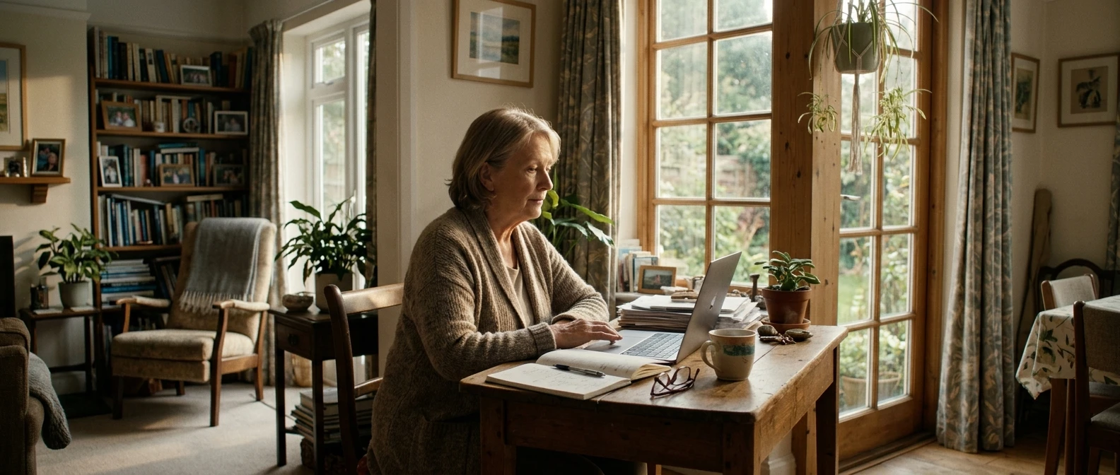 A retiree sits at a small desk by a sunlit window at home, laptop open, a notebook and reading glasses beside a mug of tea, soft morning light falling across the wood desk.