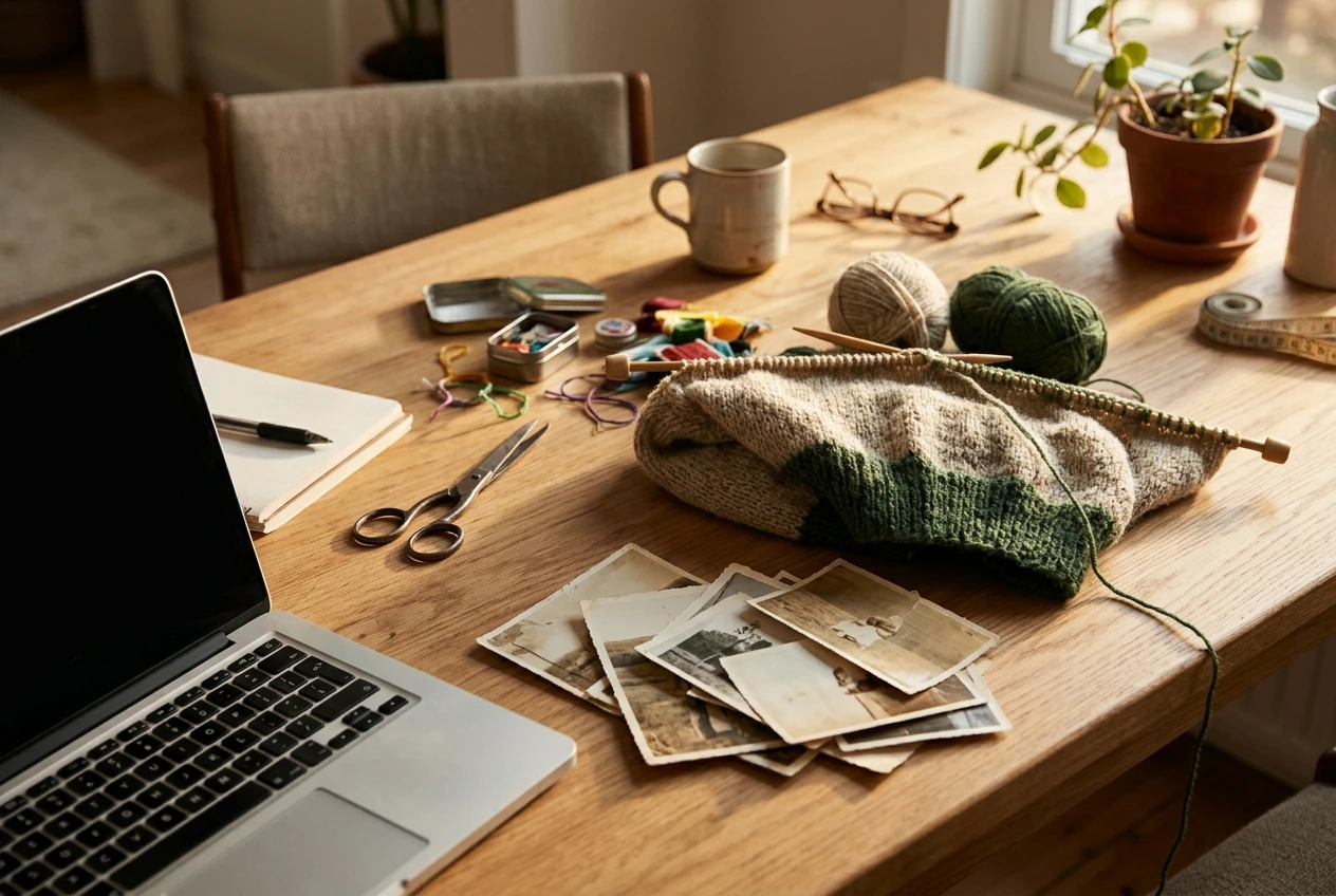 A tidy home table scattered with hobby materials and a laptop, a half-finished knitting project and a stack of old photographs beside it, warm afternoon light suggesting unhurried time newly available.