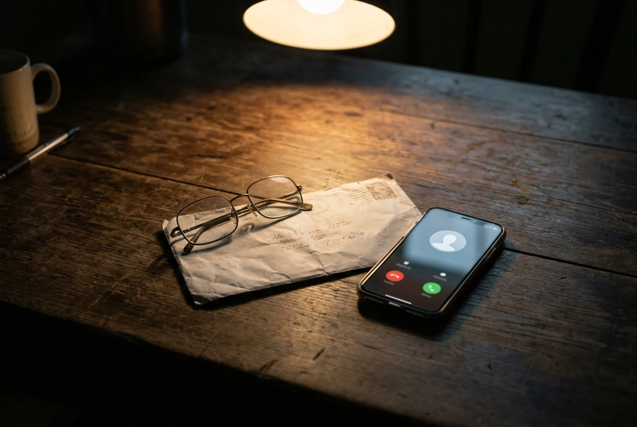 A kitchen table close-up of a suspicious piece of mail and a phone displaying an unknown caller, a pair of reading glasses resting on top, lit by a single overhead lamp to suggest caution.