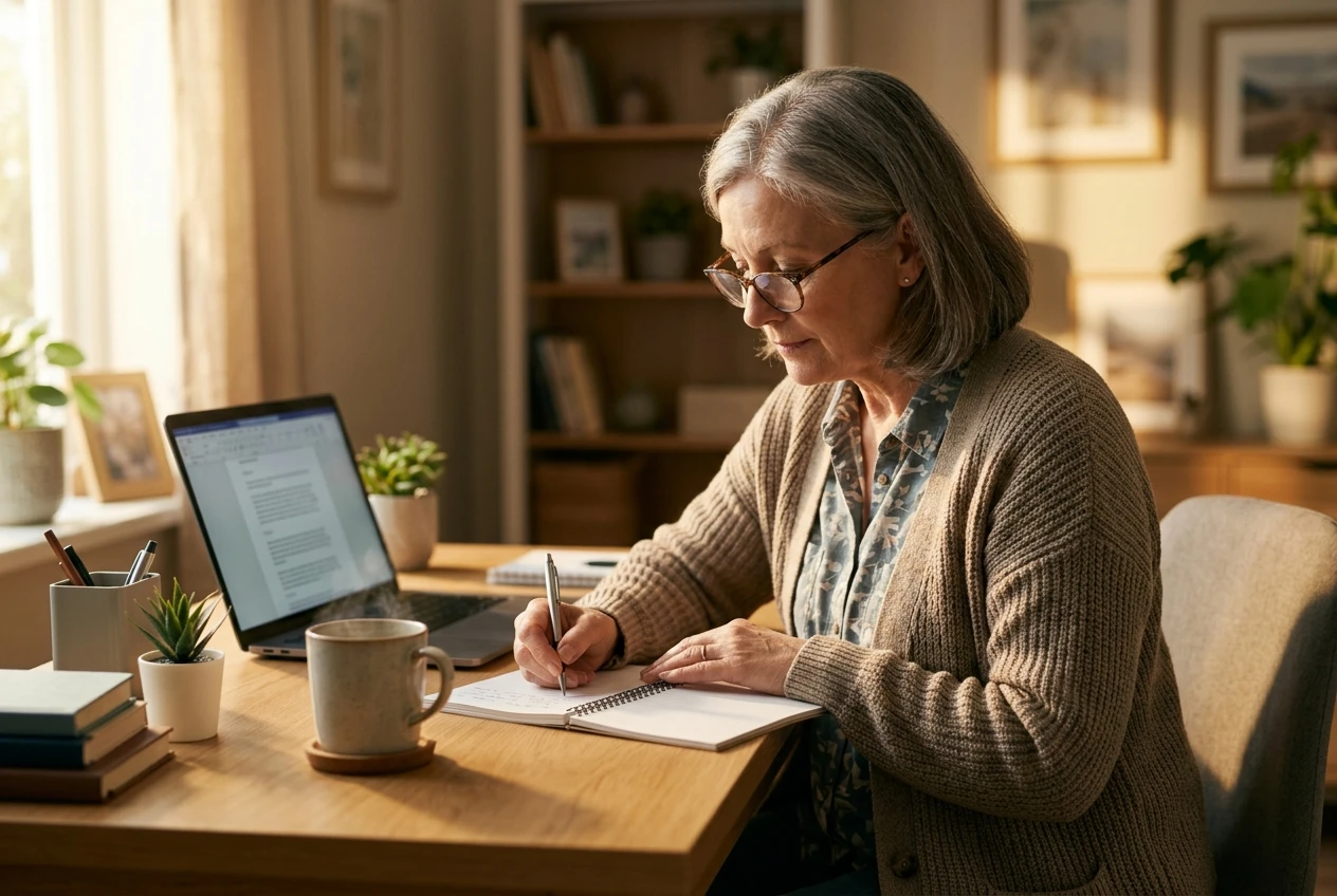 A female retiree at a tidy home desk, laptop open, taking notes in a notebook with a pen, a cup of tea nearby, calm and focused in warm afternoon light, conveying steady step-by-step learning.
