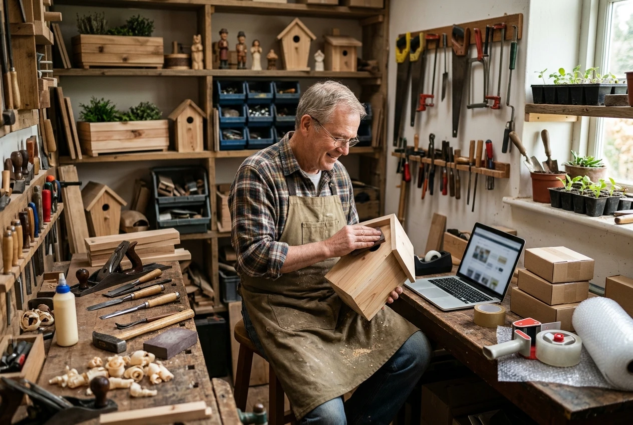An older adult in a home workshop surrounded by hobby materials, like woodworking tools or gardening supplies, with a laptop open on a nearby table, suggesting a small business built around something they already love.