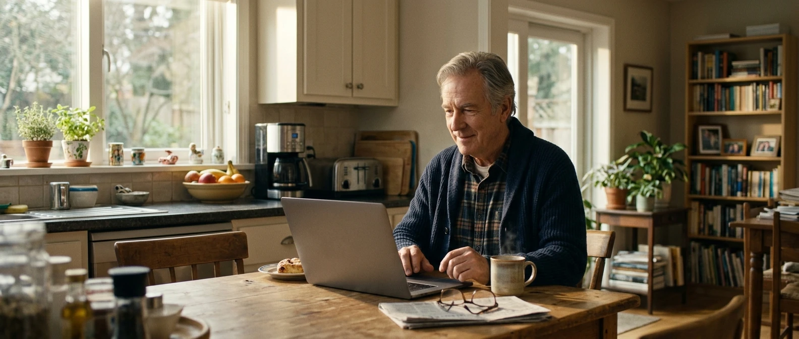 A male retiree sits comfortably at a sunlit kitchen table with a laptop open, a steaming mug of coffee beside them, looking relaxed and curious rather than stressed, soft morning light through a window.