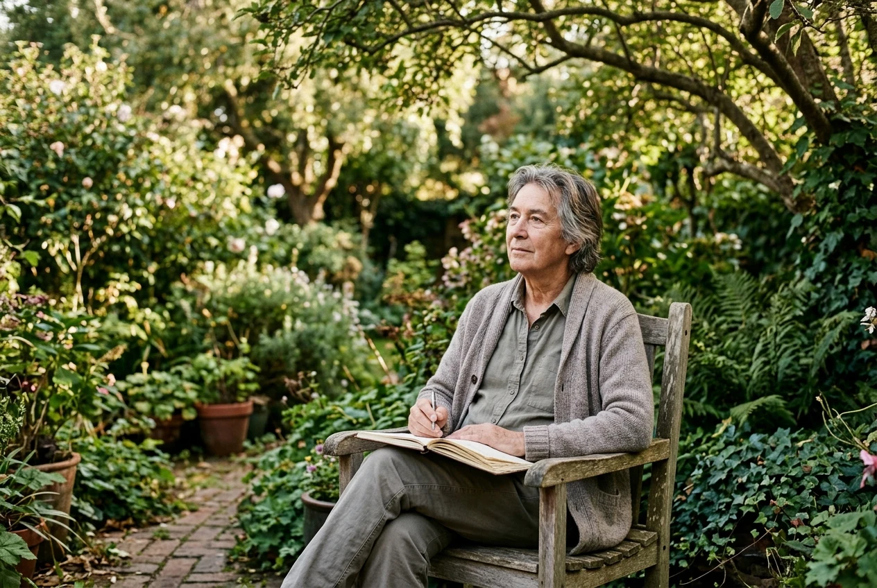 An older person sitting in a garden chair with a notebook on their lap, pen in hand, gazing thoughtfully into the distance as if imagining a new project, soft natural light and greenery around them.