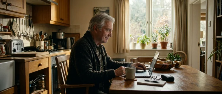 An older adult sits comfortably at a kitchen table with a laptop open, a cup of tea beside it, morning light through a window, their expression calm and curious rather than anxious.