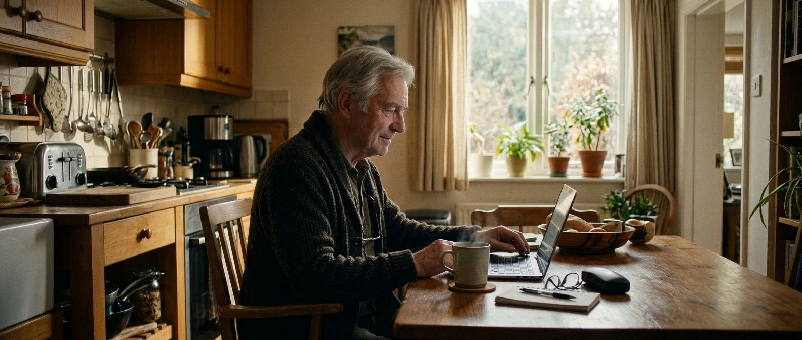 An older adult sits comfortably at a kitchen table with a laptop open, a cup of tea beside it, morning light through a window, their expression calm and curious rather than anxious.
