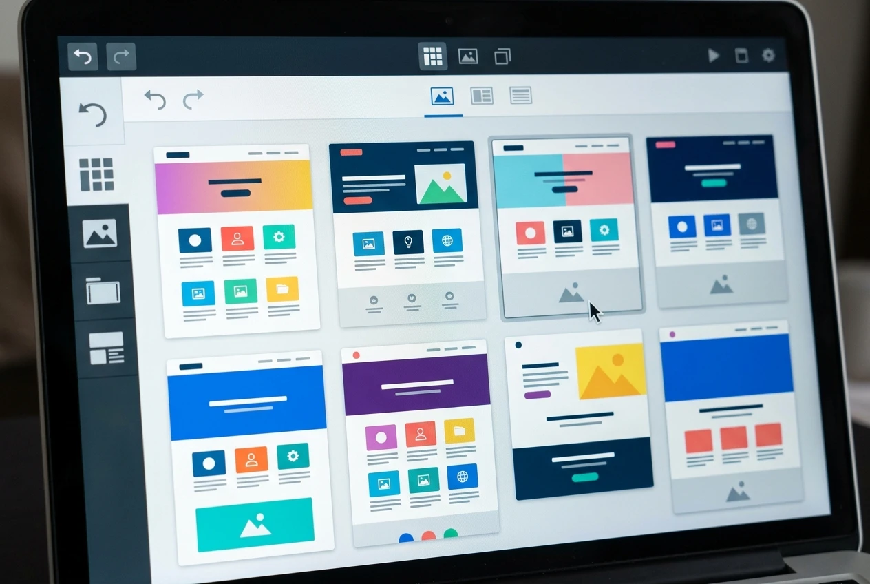 A close-up of a laptop screen showing a simple website builder interface with a template gallery of clean page designs, a cursor clicking one, no code visible anywhere.