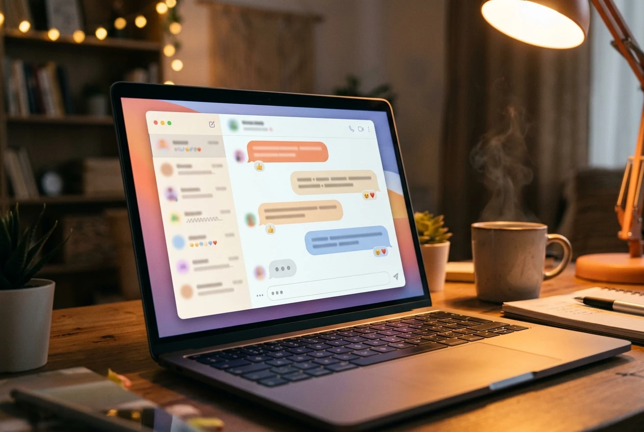 A laptop screen displaying a live chat conversation window with friendly message bubbles, warm lamp light in a home office setting, conveying real-time reassurance rather than isolation.