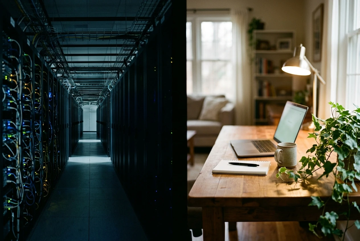 A split visual concept: on one side a tangle of server room cables and blinking lights kept small and distant, on the other a cozy home desk with a laptop, suggesting the technical machinery is handled far away and out of sight.