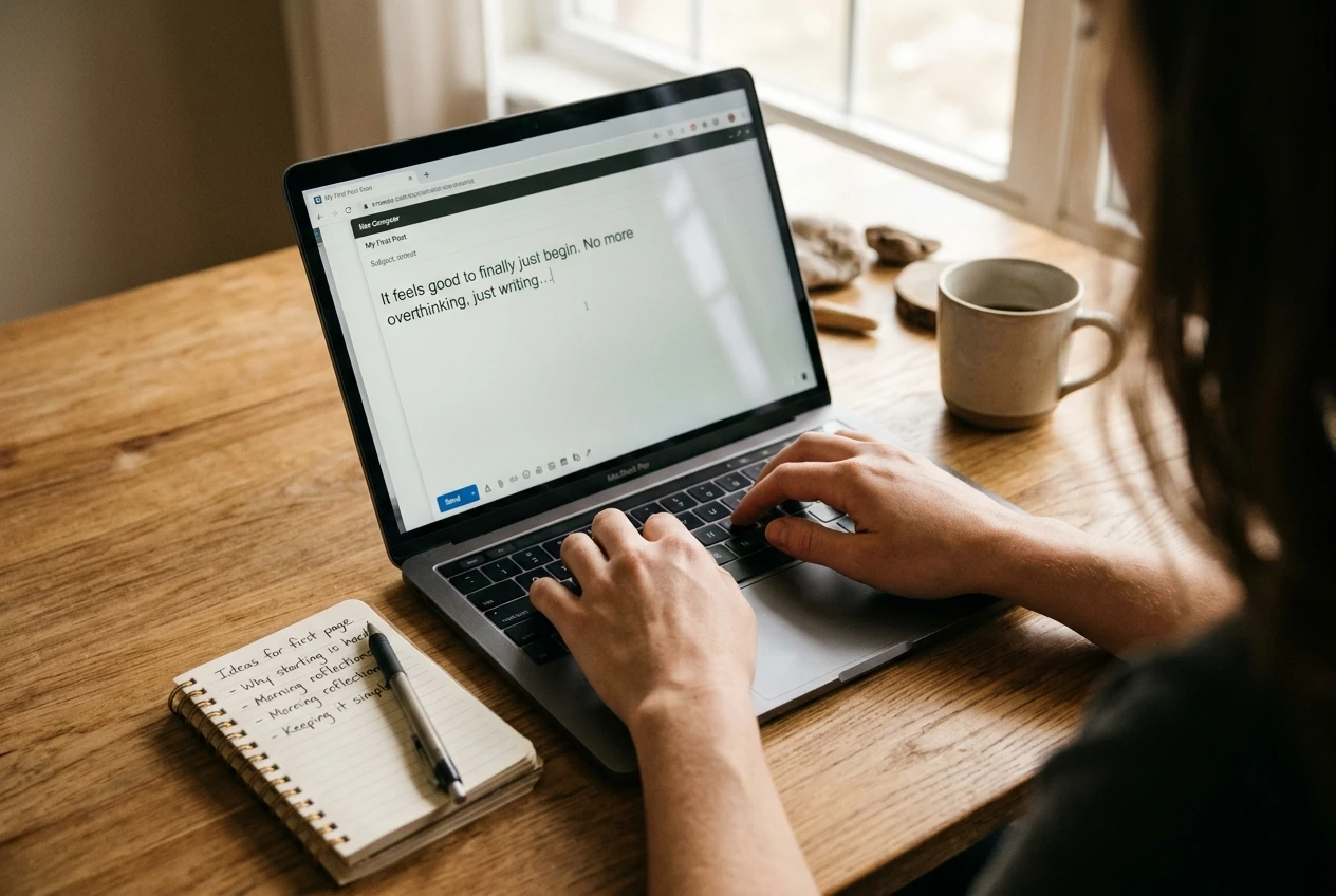 A hand typing into a simple text box on a laptop that resembles an email composer, a notepad with a few handwritten topic ideas nearby, soft daylight, conveying the ordinary ease of publishing a first page.