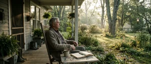 A retiree sits alone on a porch in early morning light, a mug of coffee cooling beside an open notebook, gazing out at a quiet garden with no particular task in front of them.