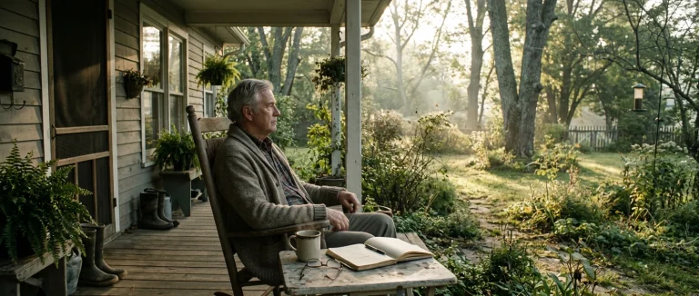 A retiree sits alone on a porch in early morning light, a mug of coffee cooling beside an open notebook, gazing out at a quiet garden with no particular task in front of them.