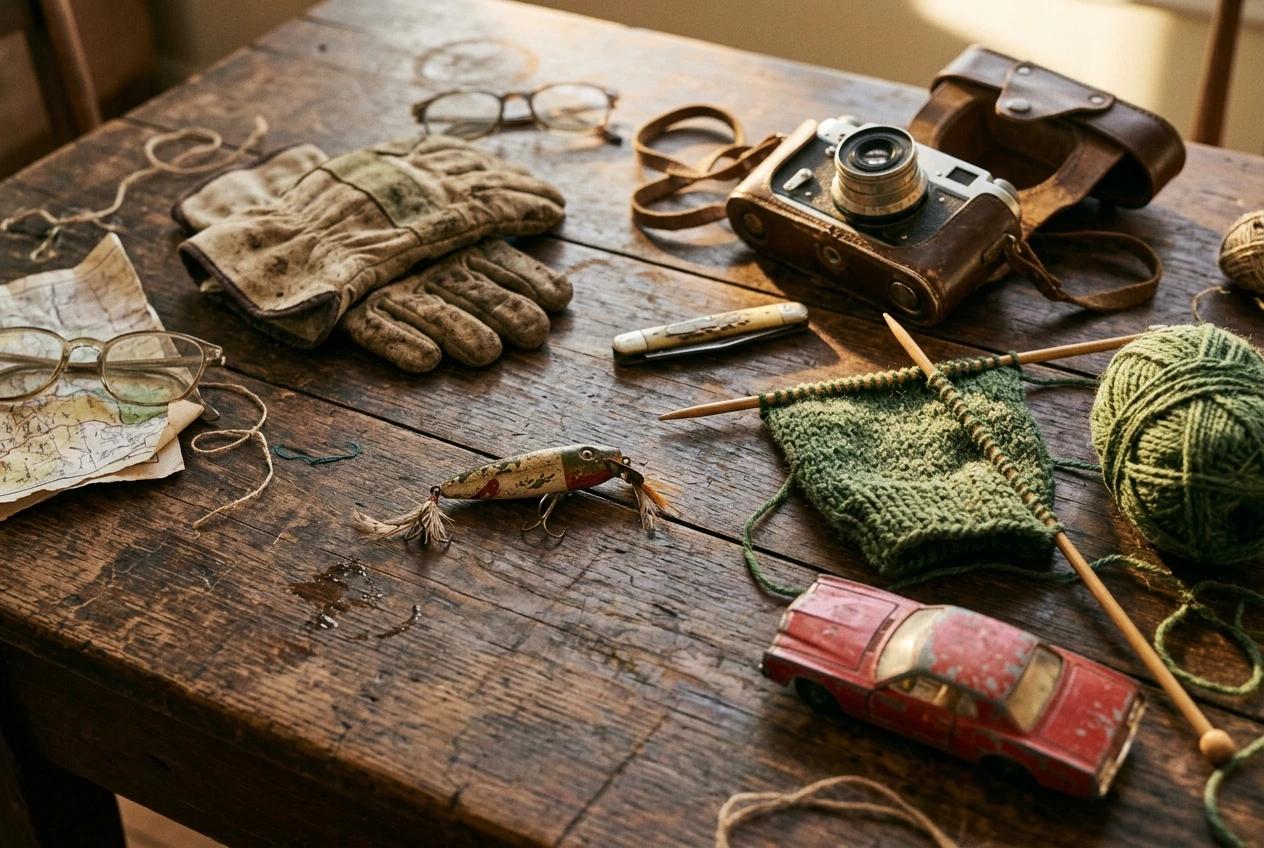 A wooden tabletop scattered with objects representing a lifetime of interests: a pair of worn gardening gloves, a vintage camera, knitting needles with half-finished wool, a fishing lure, and an old toy car, lit by warm afternoon window light.