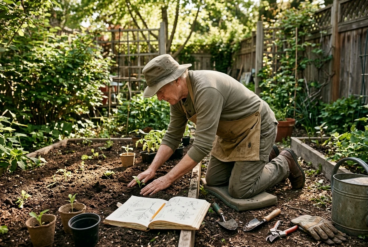 An older adult kneels in a backyard garden bed, hands in the soil, completely absorbed in transplanting seedlings, with gardening tools and a notebook of plant sketches nearby in dappled sunlight.