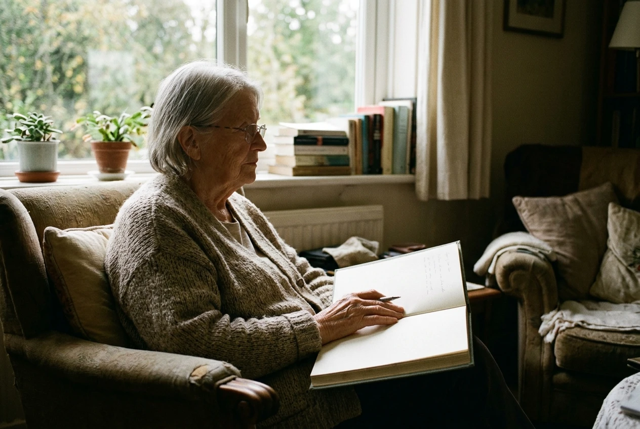 A golden aged person sits in a quiet armchair by a window, notebook open on their lap with only a few lines written, pen resting mid-thought, as soft daylight falls across the empty page.