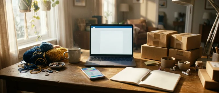 A sunlit home office desk by a window, laptop open with a blank page, surrounded by small symbolic props — a tangle of yarn and buttons, a notepad, a phone showing a survey screen, and a stac