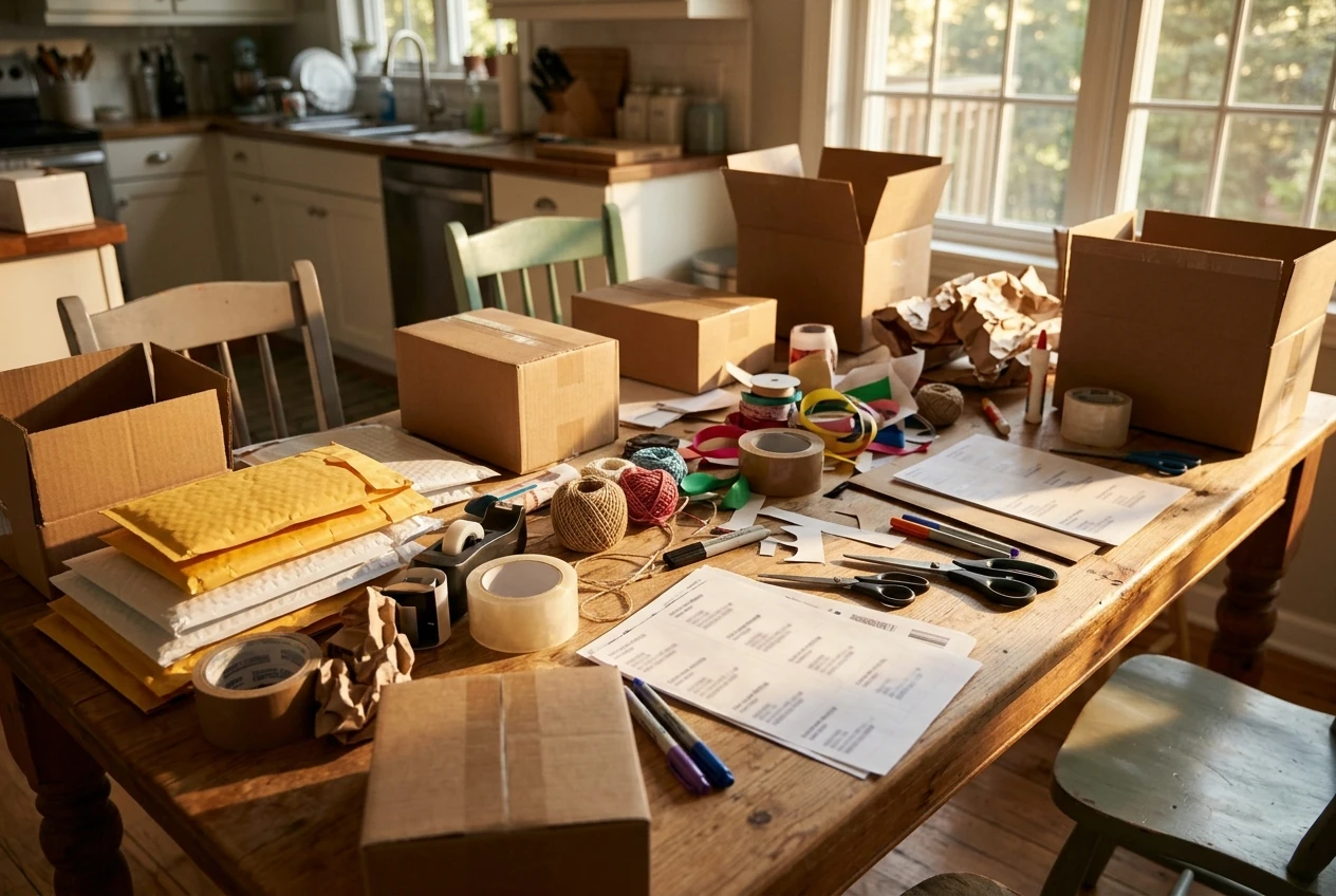 A kitchen table cluttered with craft supplies, cardboard shipping boxes, rolls of tape, printed address labels, and a stack of padded envelopes waiting to be packed, late afternoon light through a nearby window.