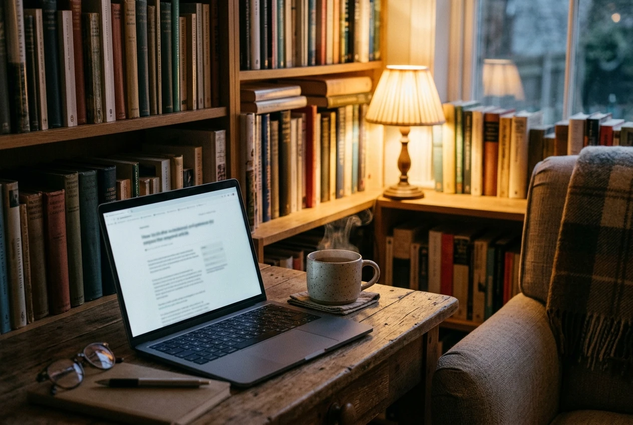 A cozy reading nook with a laptop open to a simple written article, a steaming mug of tea beside it, and a shelf of books in soft lamplight, conveying content written once and left to keep working quietly in the background.