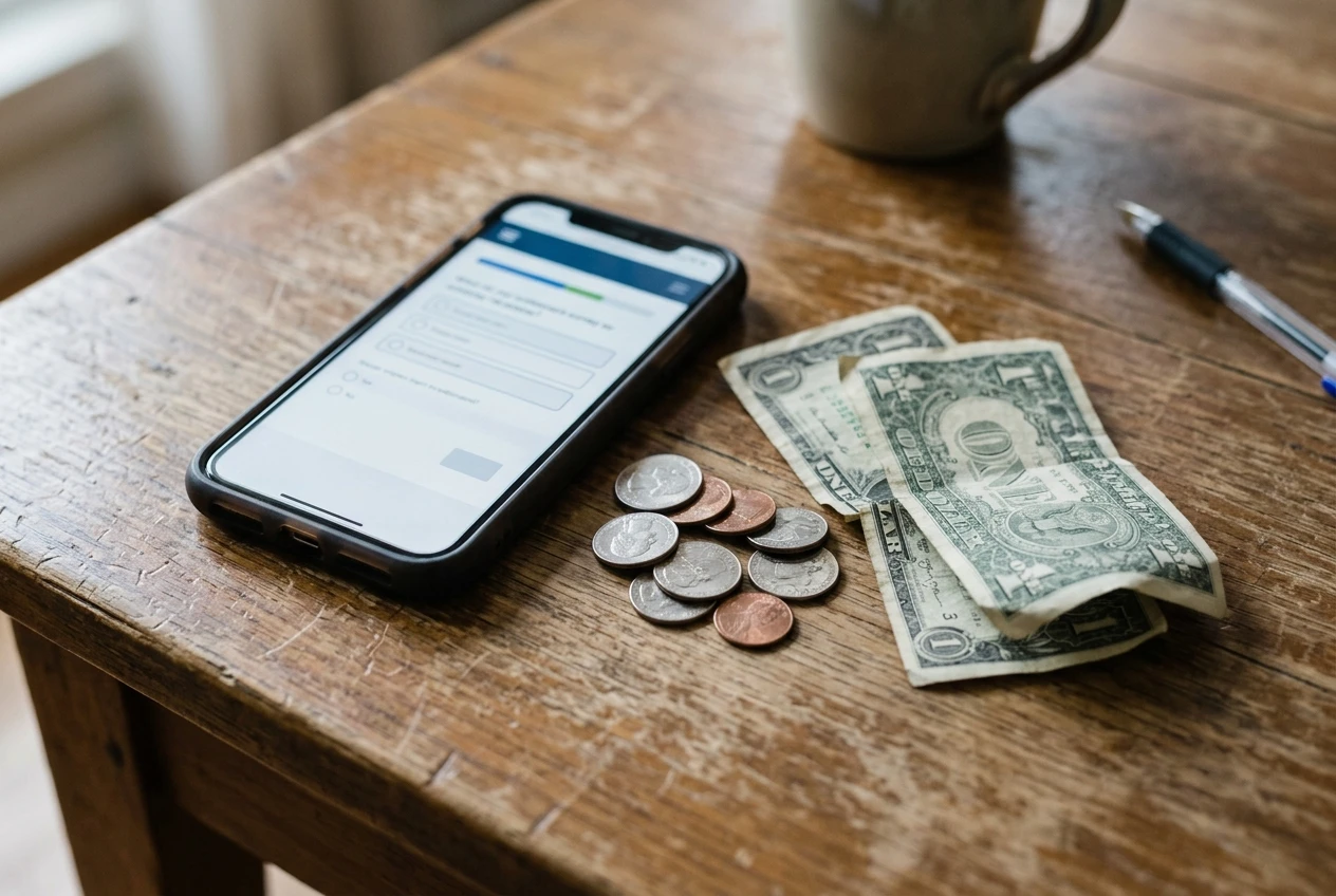 A smartphone resting on a table showing a survey app mid-questionnaire, next to a small handful of coins and a few one-dollar bills, suggesting the modest payout for the time spent.