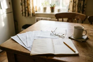 A retiree's kitchen table in soft morning light with a few weeks of bank statements fanned out beside a pencil, reading glasses and a plain notebook, one short column of numbers cir