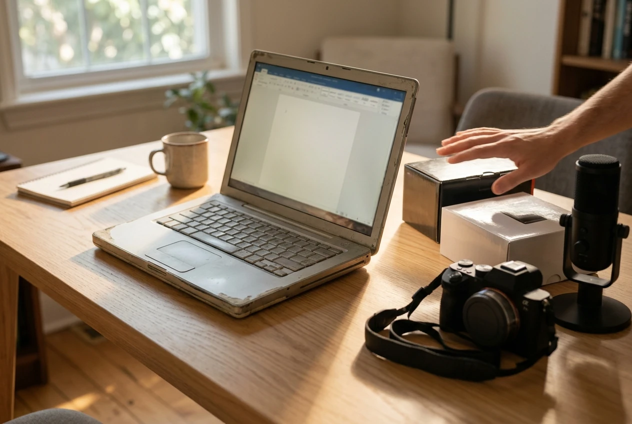 A tidy desk with an older, well-used laptop open and a hand pushing away a stack of glossy unopened boxes, a new camera and a microphone, while the laptop stays in the centre under warm window light.