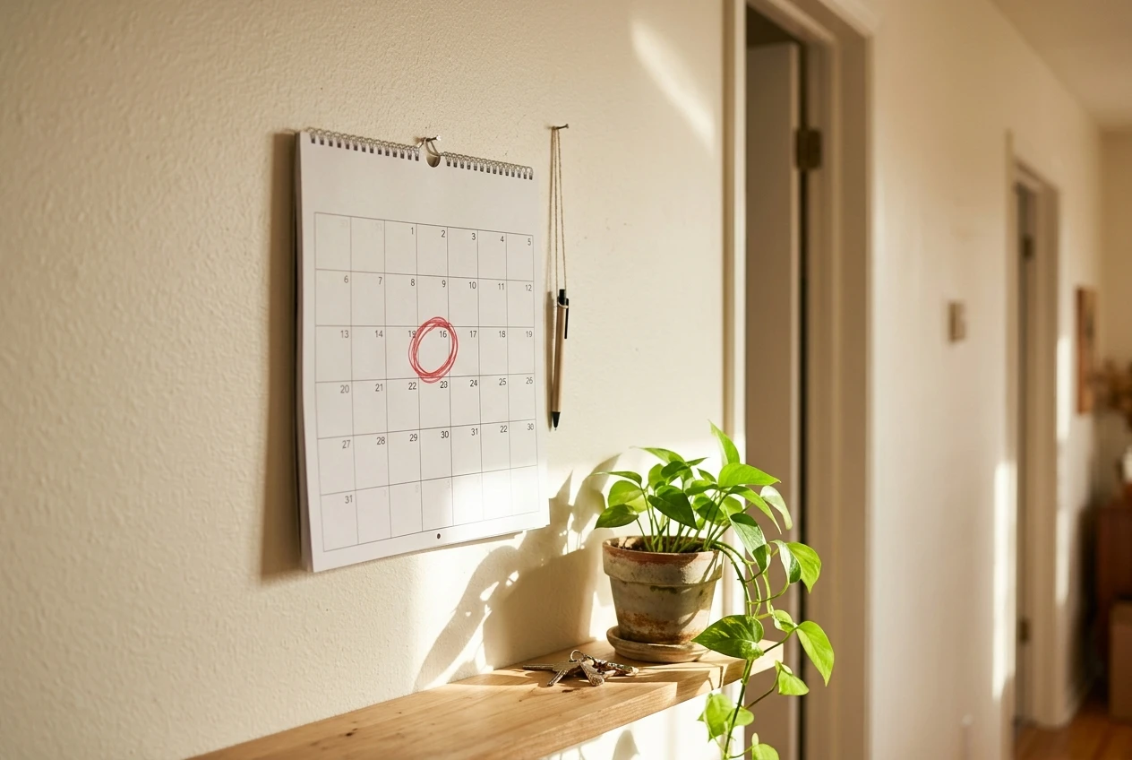 A wall calendar hanging in a sunny hallway with one date ringed in red marker, a pen on a string beside it, and a small potted plant on the shelf below.