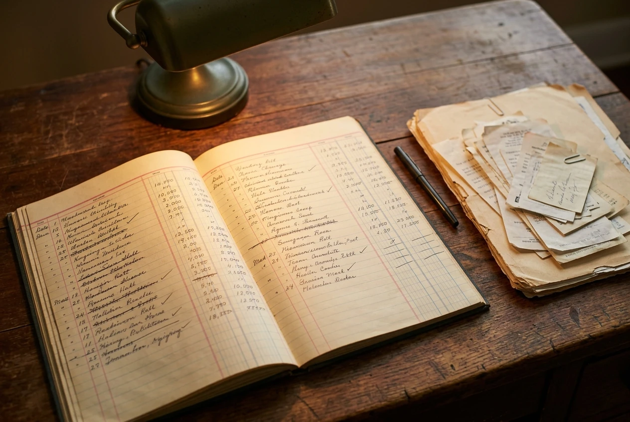 An open ledger notebook with two columns of handwritten entries on a wooden desk, a folder of paper receipts beside it and a small desk lamp casting warm light across the page.