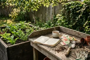 A weathered wooden potting bench beside a raised vegetable bed in a small backyard, with a handwritten notebook of questions open next to seed packets, a trowel and a mug of tea, in soft