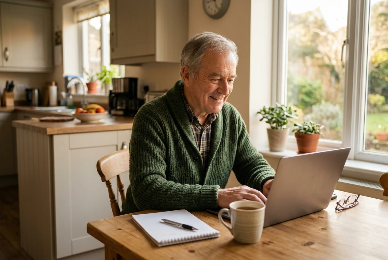 A retired man in a cardigan sitting at a tidy kitchen table with a laptop open, relaxed and smiling as he reads the screen, a notepad and reading glasses beside him, warm afternoon light through a window.