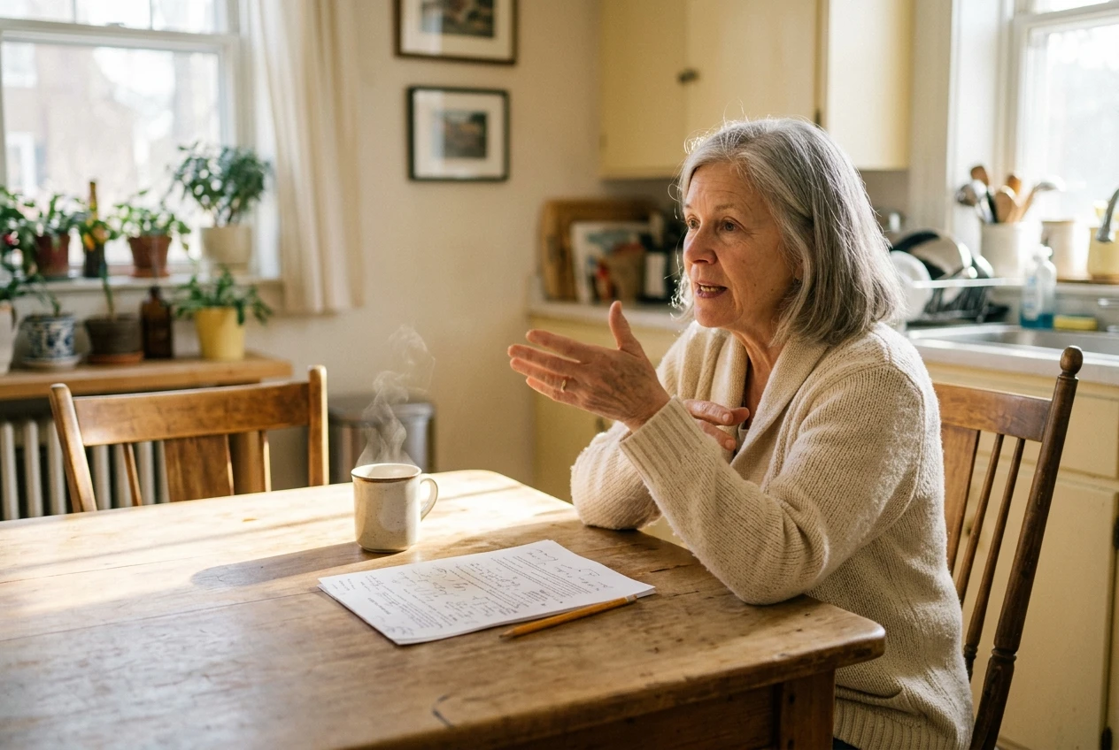 Two chairs at a kitchen table with an older woman gesturing as she explains something aloud, a cup of coffee and a printed page with pencil marks in front of her, cozy and sunlit, in cream and yellow tones.
