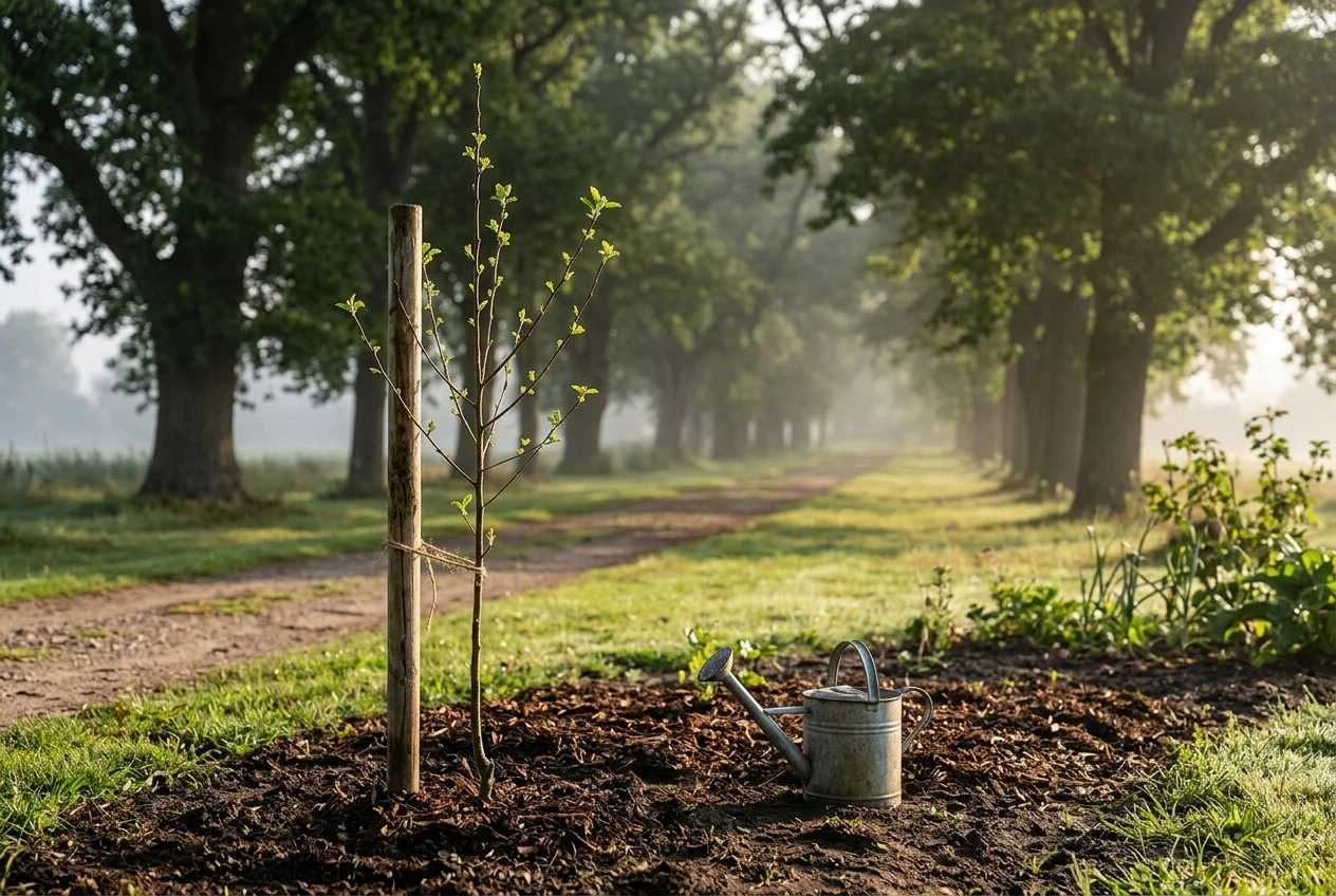 A young sapling newly planted in a garden bed with a wooden stake, small green shoots, and a watering can nearby, with a long path of larger established trees fading into the background in gentle early light, suggesting slow steady growth.