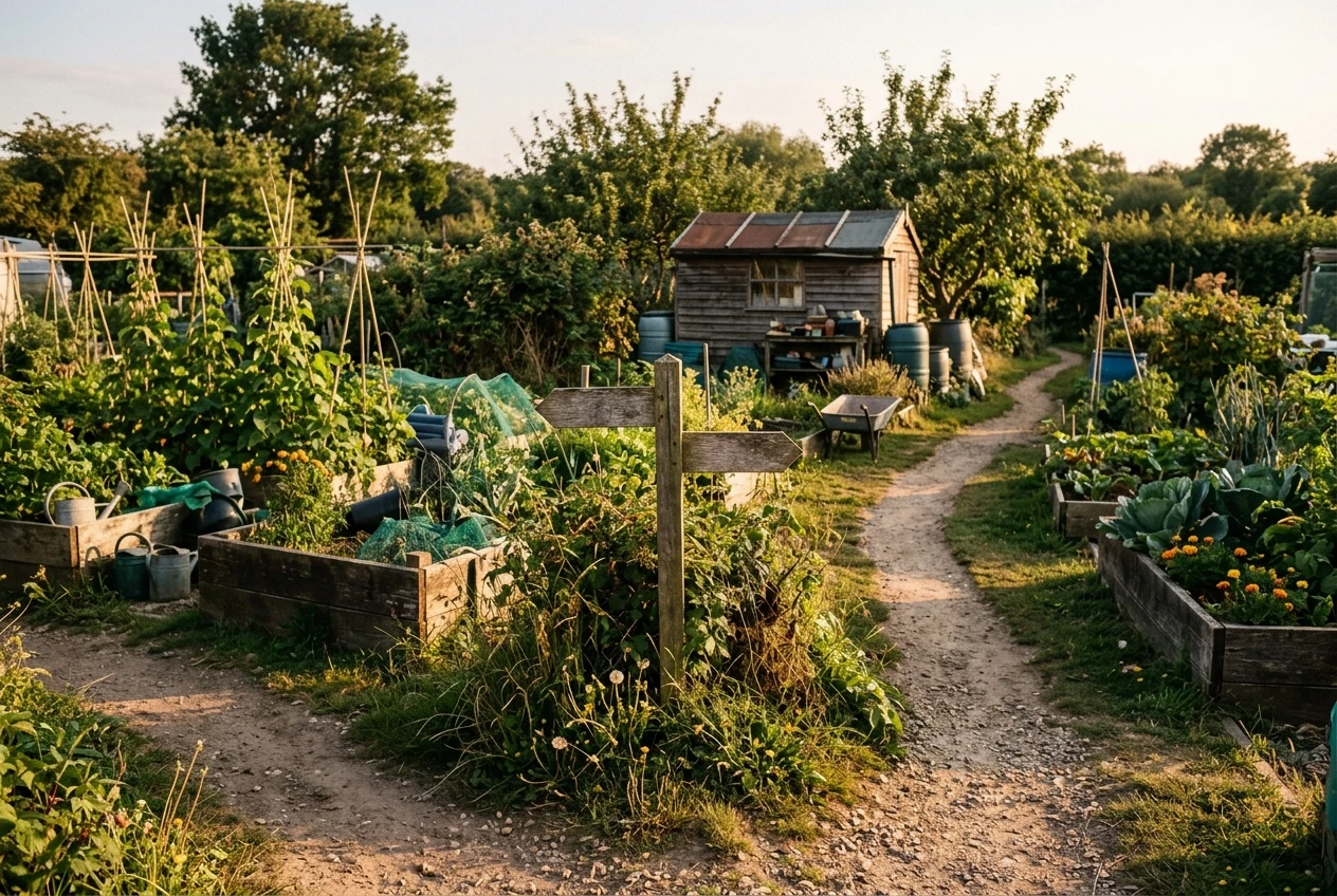 A garden path forking into two routes through an allotment with raised beds and a potting shed, with a blank wooden signpost at the fork