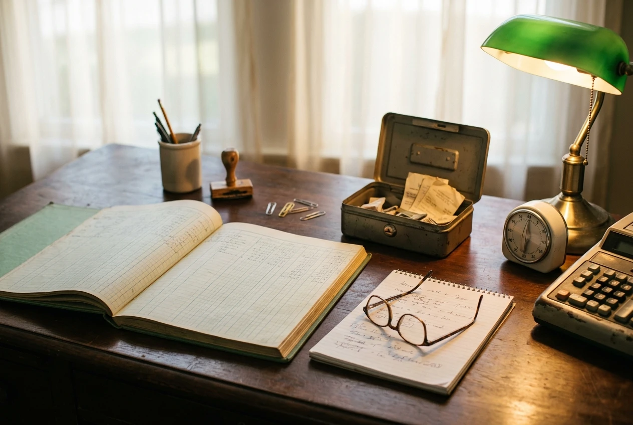 A tidy bookkeeper's desk with a green ledger, a cash tin with a few crumpled receipts, a kitchen timer and a notepad covered in handwritten questions