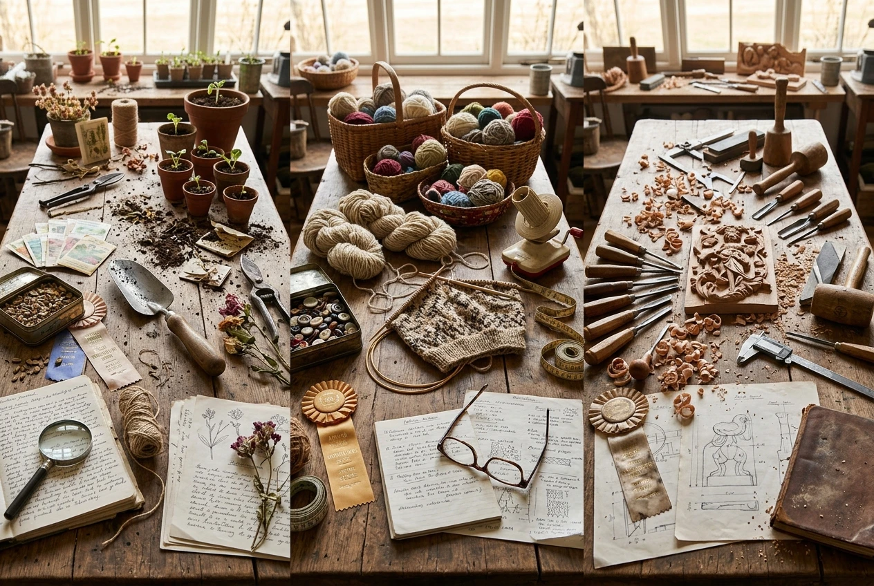 Three small workspaces side by side on a long wooden table, one with seed packets and a trowel, one with knitting wool, one with woodworking chisels, each with a draft page and an evening notebook