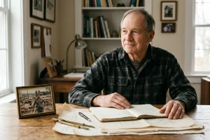 Older man reviewing photographs at a table in a warm, book-lined room.