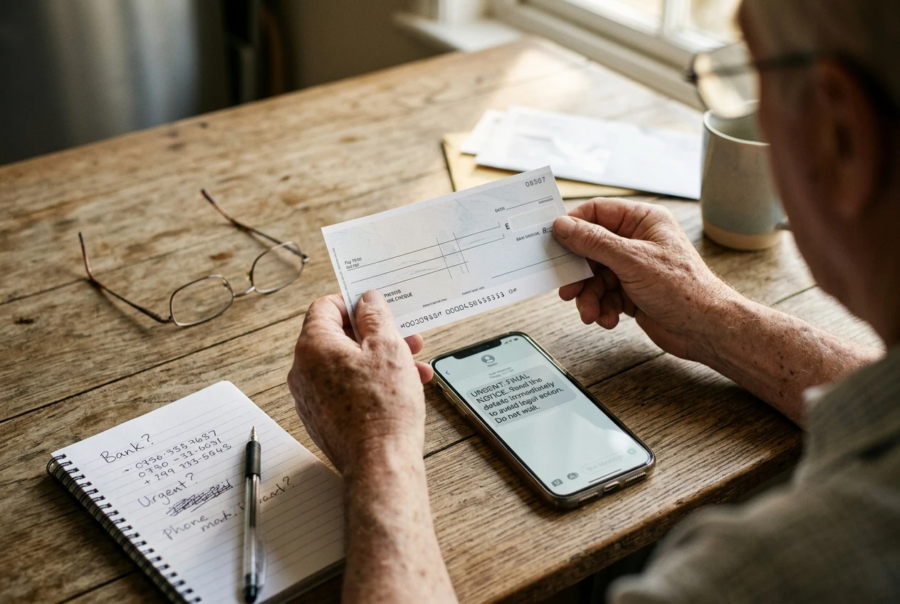 A retiree's hands holding a printed cheque beside a phone showing a pressured text message, with a paper notepad and reading glasses on a sunlit wooden kitchen table, warm morning light and calm muted colours.