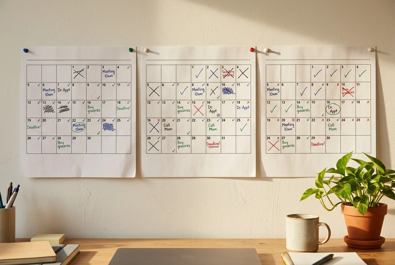 Three sheets of a paper wall calendar pinned in a row above a desk, each with handwritten notes and a few checkmarks in different pen colours, a mug and small potted plant on the desk, bright calm home office with afternoon light.