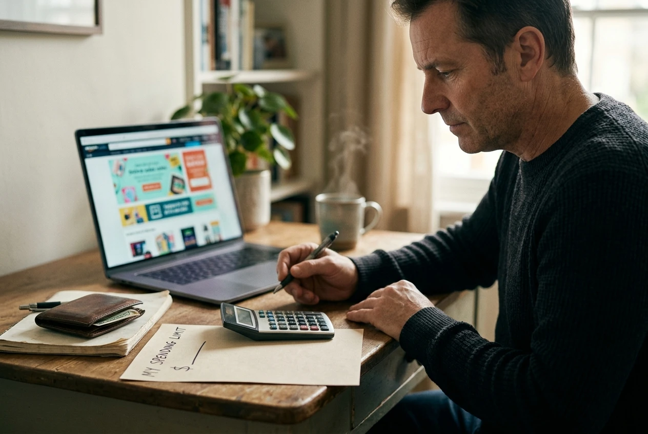 Create a photorealistic, cinematic editorial image illustrating the importance of setting a personal spending limit before considering an online business opportunity or purchase.

**Scene and composition:** A middle-aged adult sits at a modest wooden desk in a quiet home office, early in the morning