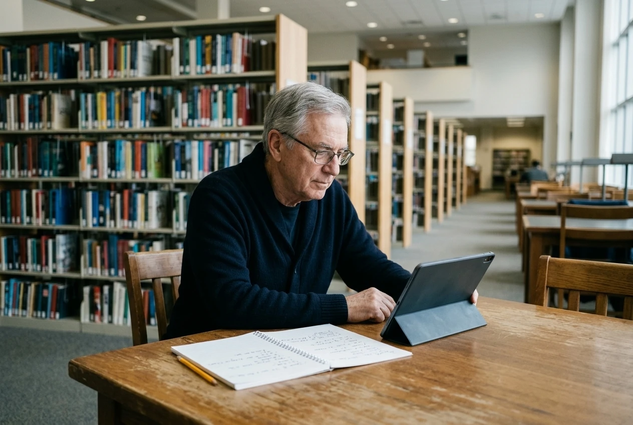 An older man at a quiet public library table with an open tablet playing a beginner tutorial, a spiral notebook with handwritten notes and a pencil beside it, shelves of books softly blurred behind, gentle window light.