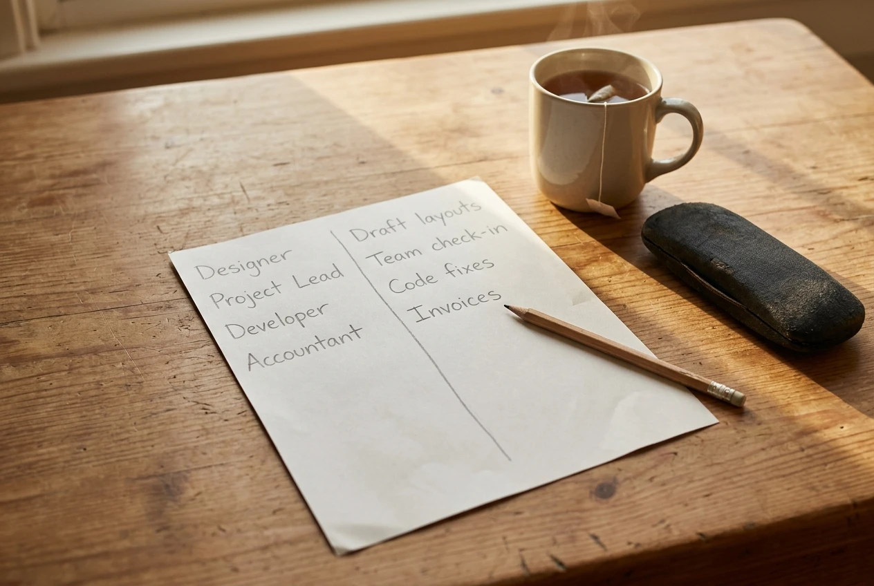 A sheet of paper on a wooden kitchen table with a line drawn down the middle, job roles written in pencil on the left and tasks on the right, beside a reading-glasses case and a mug of tea in warm morning window light.