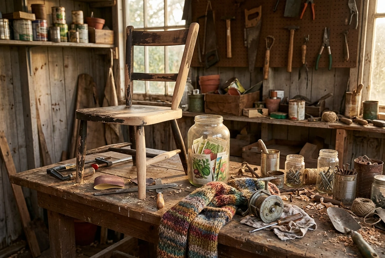 A garden shed workbench in soft afternoon light: a half-restored wooden chair, a jar of seed packets, a knitted scarf and a fishing reel laid out together, suggesting years of varied hobby skills.