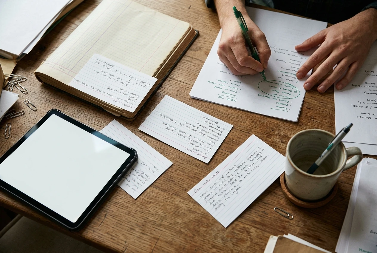 Three handwritten index cards fanned out on a desk, each paired with a different small object: a ledger notebook, a tablet showing a blank page, and a mug with a pen. A pair of hands circles related items on a nearby sheet in green ink.