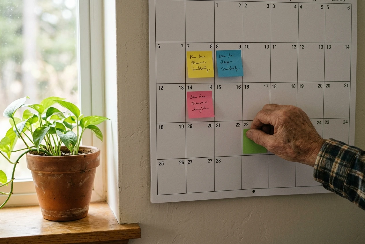 A wall calendar showing four weeks, with a single handwritten sticky note on each week, hung beside a window with a potted plant. A retired man's hand reaches in to place the fourth note, in calm natural light.