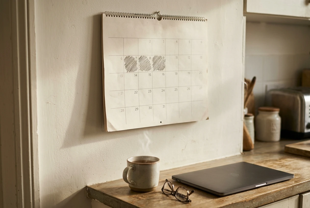 A paper wall calendar on a kitchen wall in soft morning light, with three mornings in the week marked by small pencil blocks, a mug of tea and a pair of reading glasses resting on the counter beneath it, a laptop closed beside them.