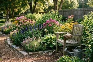 A tidy garden bed of established perennials in full bloom, with a gardening chair and a pair of gloves left on its arm in the warm afternoon sun, suggesting plants that keep growing af