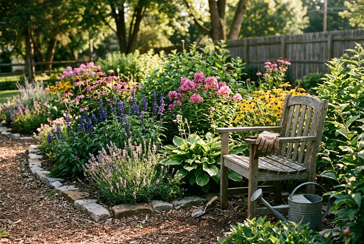 A tidy garden bed of established perennials in full bloom, with a gardening chair and a pair of gloves left on its arm in the warm afternoon sun, suggesting plants that keep growing after the gardener has stepped away.