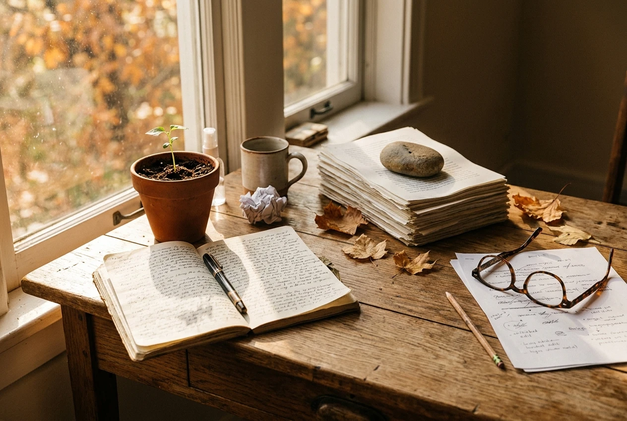 Four seasonal scenes on a single sunlit desk by a window: a seedling in a pot, a notebook with a handwritten draft, a stack of finished pages held by a stone, and a pair of glasses over a reviewed page with pencil edits, in warm autumn colors.
